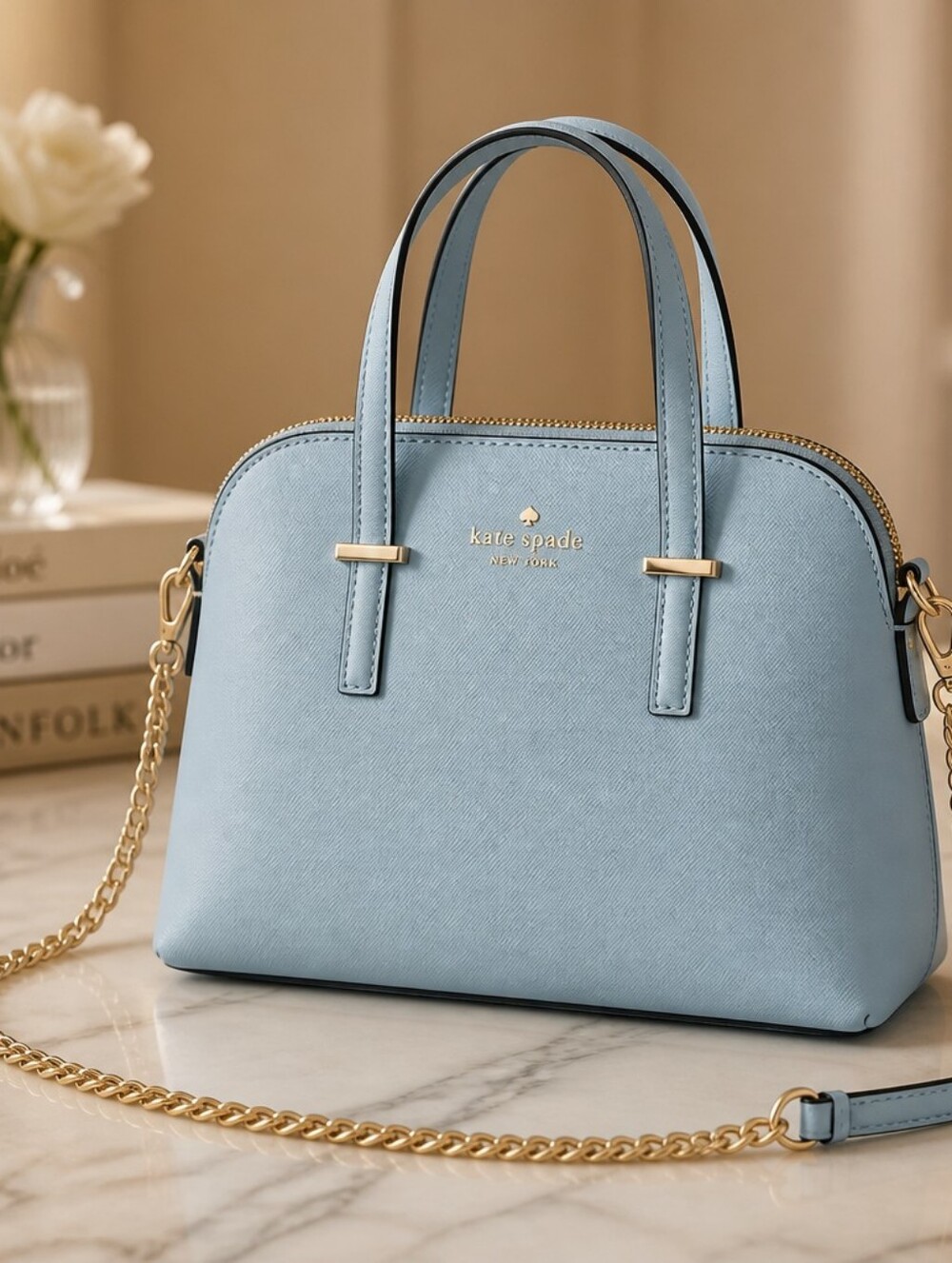 Kate Spade Light Blue Dome Satchel with Added Gold Chain - Picture 1 of 8